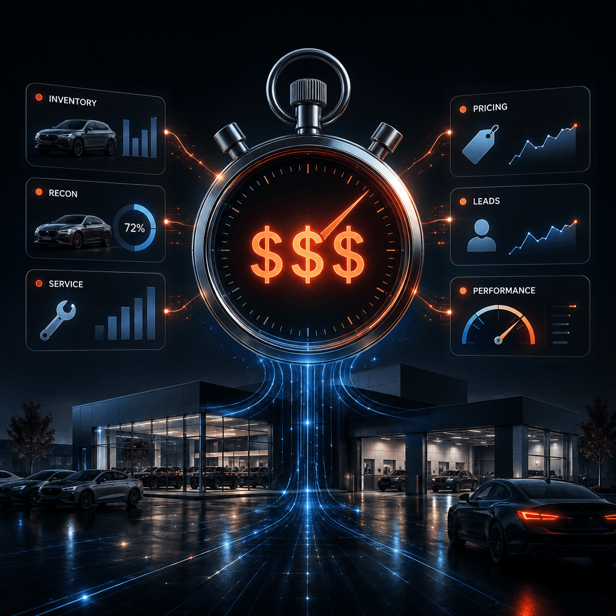 Dealership performance dashboard with a stopwatch connecting inventory, recon, service, pricing, leads, and performance signals.